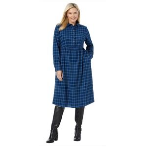 Woman WIthin Blue Plaid Check Maxi Corduroy Shirt Dress Modest Country 2X/24W